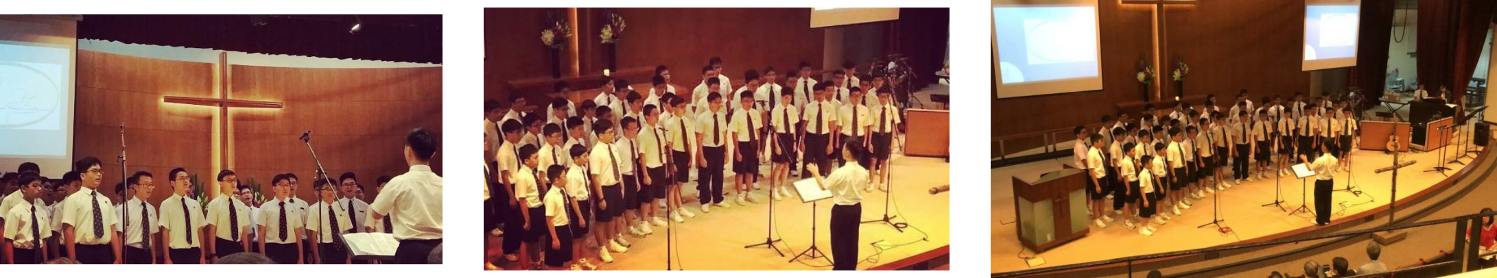 Three photos of boys in white shirts and dark ties performing as a choir on stage, led by a conductor.